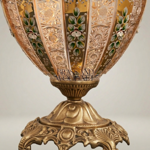 Classical Brass Crystal Table Lamp Hand-Painted Floral Urn Base Ivory Shade Brass and Wood Antique Gold Front | Brass & Wood