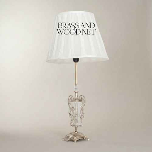 Classical Brass Crystal Urn Table Lamp Ornate Scrollwork Base White Fabric Shade Brass and Wood Silver Front | Brass & Wood