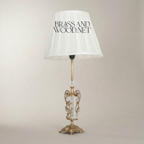Classical Brass Crystal Urn Table Lamp Ornate Scrollwork Base White Fabric Shade Brass and Wood Antique Gold Front | Brass & Wood