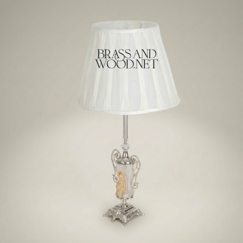 Classical Brass Crystal Urn Table Lamp Ornate Scrollwork Base White Fabric Shade Brass and Wood Silver Front | Brass & Wood