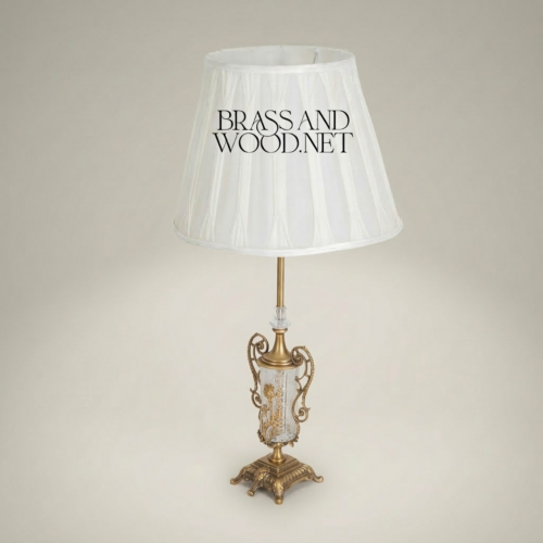 Classical Brass Crystal Urn Table Lamp Ornate Scrollwork Base White Fabric Shade Brass and Wood Antique Gold Front | Brass & Wood
