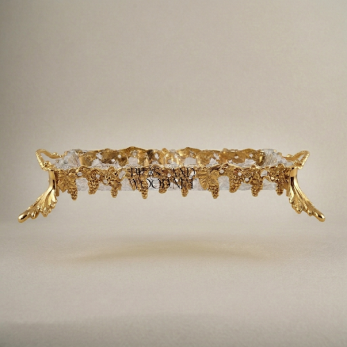 Classical Brass and Glass Rectangular Decorative Tray with Grape Vine Ornament and Foliage Legs Gold Front | Brass & Wood