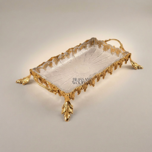 Classical Brass and Glass Rectangular Decorative Tray with Grape Vine Ornament and Foliage Legs Gold Front | Brass & Wood