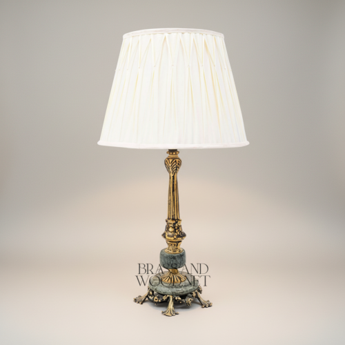 Classical Brass Marble Table Lamp Ornate Fluted Column Pleated Shade Brass and Wood Antique Gold Front | Brass & Wood