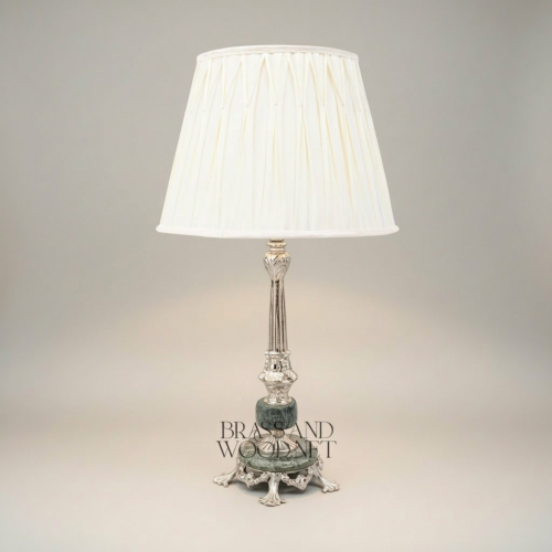 Classical Brass Marble Table Lamp Ornate Fluted Column Pleated Shade Brass and Wood Silver Front | Brass & Wood