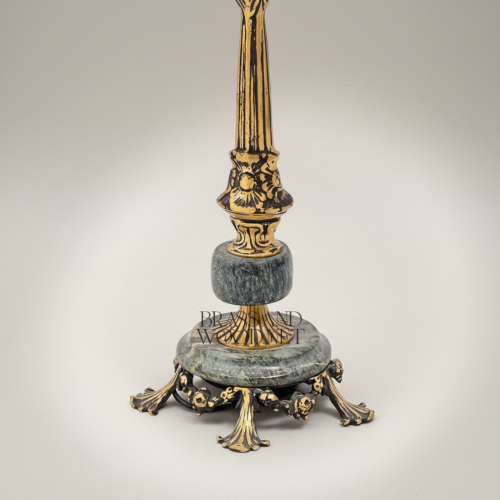 Classical Brass Marble Table Lamp Ornate Fluted Column Pleated Shade Brass and Wood Antique Gold Front | Brass & Wood