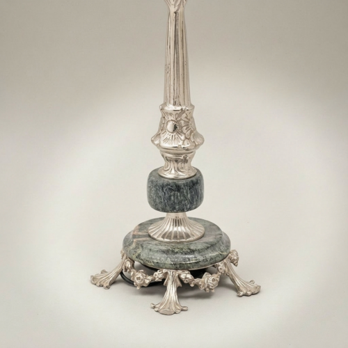 Classical Brass Marble Table Lamp Ornate Fluted Column Pleated Shade Brass and Wood Silver Front | Brass & Wood