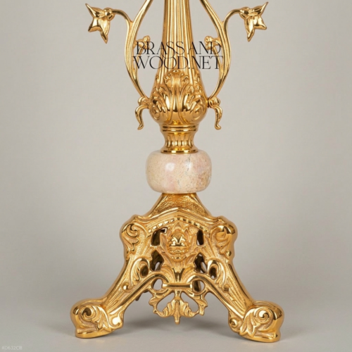 Classical Ornate Brass Table Lamp Floral Sculpted Base Marble Accent White Pleated Shade Brass and Wood Gold Front | Brass & Wood