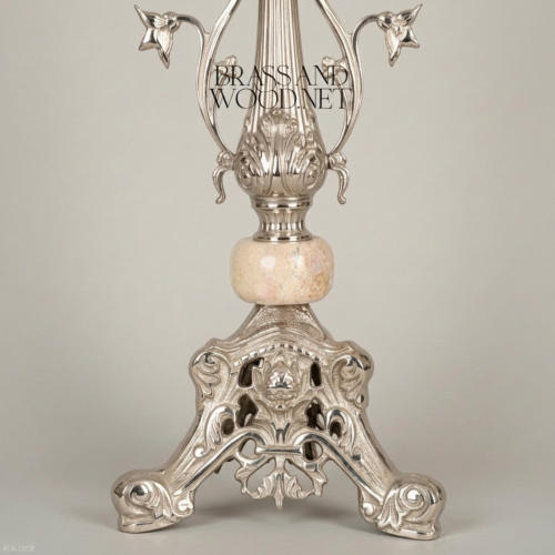 Classical Ornate Brass Table Lamp Floral Sculpted Base Marble Accent White Pleated Shade Brass and Wood Silver Front | Brass & Wood