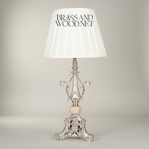 Classical Ornate Brass Table Lamp Floral Sculpted Base Marble Accent White Pleated Shade Brass and Wood Silver Front | Brass & Wood