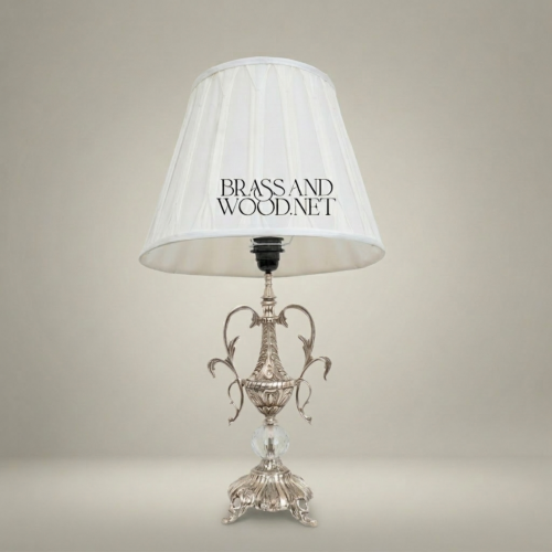 Classical Ornate Brass Urn Table Lamp with Crystal Sphere Swan Handles White Pleated Shade Silver Front | Brass & Wood