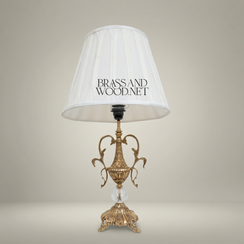 Classical Ornate Brass Urn Table Lamp with Crystal Sphere Swan Handles White Pleated Shade Antique Gold Front | Brass & Wood