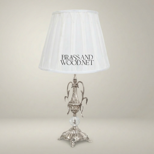 Classical Ornate Brass Urn Table Lamp with Crystal Sphere Swan Handles White Pleated Shade Silver Front | Brass & Wood
