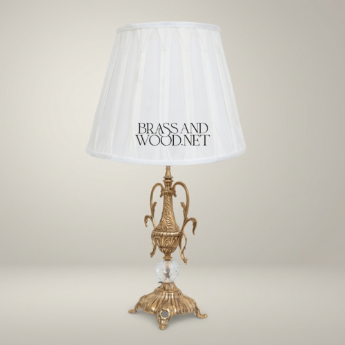 Classical Ornate Brass Urn Table Lamp with Crystal Sphere Swan Handles White Pleated Shade Antique Gold Front | Brass & Wood