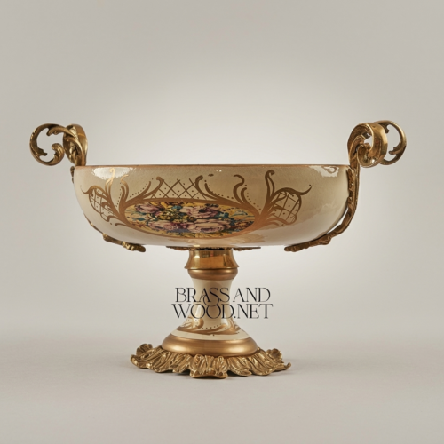 Classical Ceramic Compote Bowl with Brass Handles & Floral Medallion