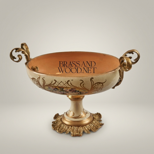 Classical Ceramic Compote Bowl with Brass Handles & Floral Medallion