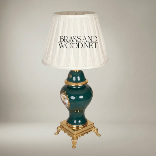 Classical Green Ceramic Ginger Jar Table Lamp Hand-Painted Medallion Brass Footed Base Off-White Pleated Shade Gold Front | Brass & Wood