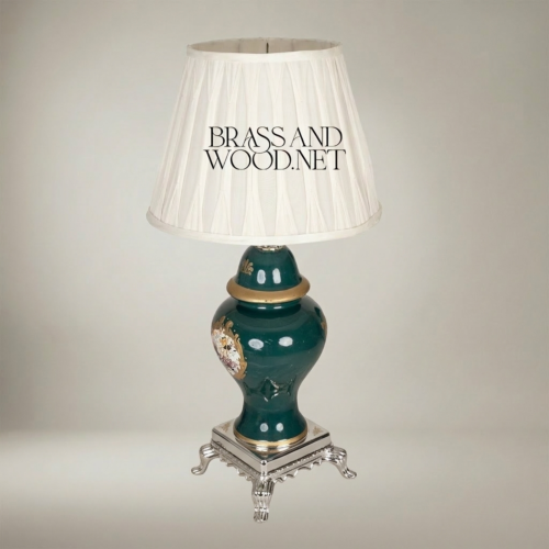 Classical Green Ceramic Ginger Jar Table Lamp Hand-Painted Medallion Brass Footed Base Off-White Pleated Shade Silver Front | Brass & Wood