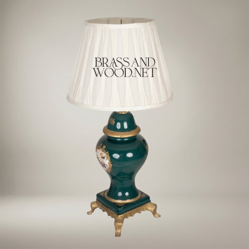 Classical Green Ceramic Ginger Jar Table Lamp Hand-Painted Medallion Brass Footed Base Off-White Pleated Shade Antique Gold Front | Brass & Wood