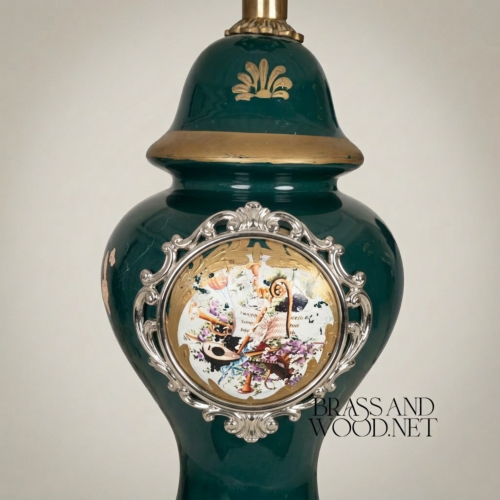 Classical Green Ceramic Ginger Jar Table Lamp Hand-Painted Medallion Brass Footed Base Off-White Pleated Shade Gold Front | Brass & Wood