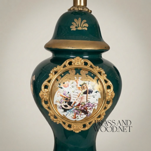 Classical Green Ceramic Ginger Jar Table Lamp Hand-Painted Medallion Brass Footed Base Off-White Pleated Shade Gold Front | Brass & Wood