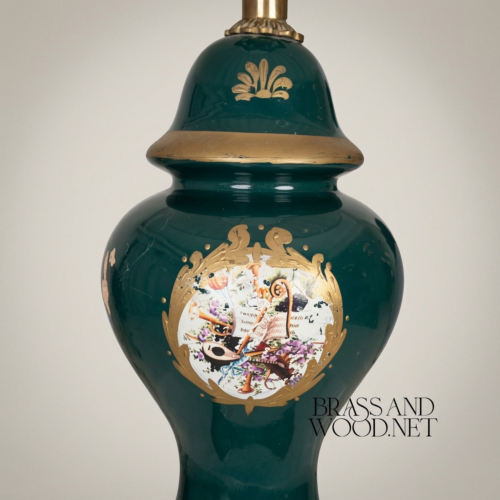 Classical Green Ceramic Ginger Jar Table Lamp Hand-Painted Medallion Brass Footed Base Off-White Pleated Shade Antique Gold Front | Brass & Wood