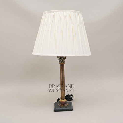 Classical Corinthian Column Brass Table Lamp with Green Marble Base and Pleated Off-White Shade Antique Gold Front | Brass & Wood