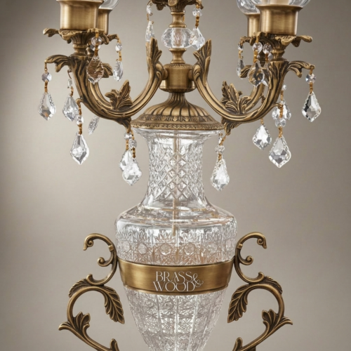 Classical Crystal Brass 3-Arm Candelabra Table Lamp with Urn Body Crystal Pendants and Etched Glass Shades Antique Gold Front | Brass & Wood