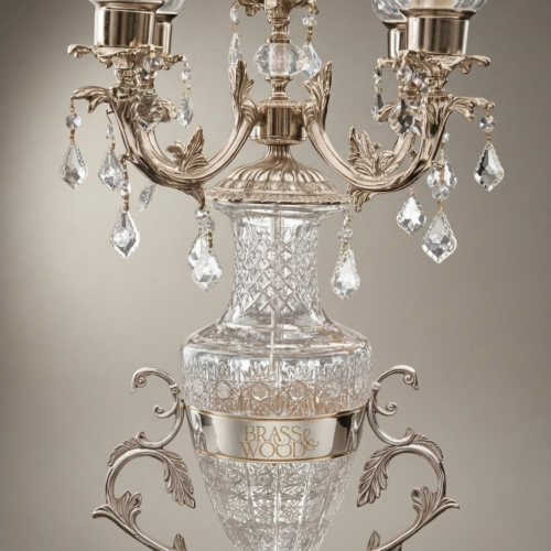 Classical Crystal Brass 3-Arm Candelabra Table Lamp with Urn Body Crystal Pendants and Etched Glass Shades Silver Front | Brass & Wood