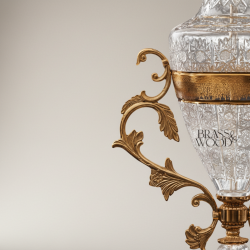 Classical Crystal Brass 3-Arm Candelabra Table Lamp with Urn Body Crystal Pendants and Etched Glass Shades Gold Front | Brass & Wood