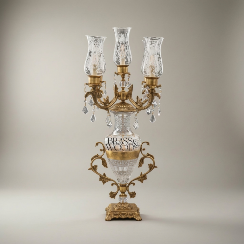 Classical Crystal Brass 3-Arm Candelabra Table Lamp with Urn Body Crystal Pendants and Etched Glass Shades Antique Gold Front | Brass & Wood