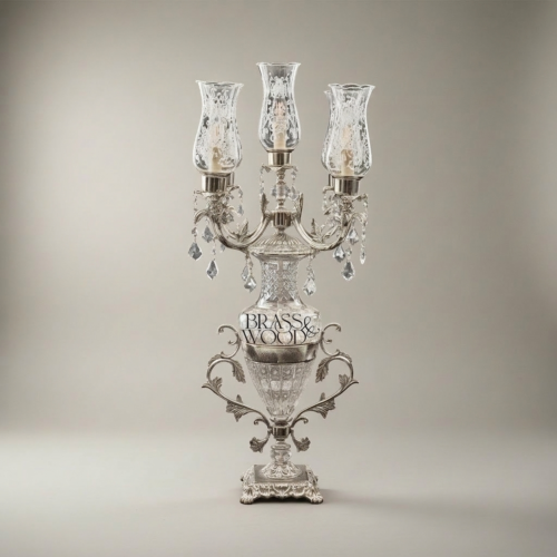 Classical Crystal Brass 3-Arm Candelabra Table Lamp with Urn Body Crystal Pendants and Etched Glass Shades Silver Front | Brass & Wood