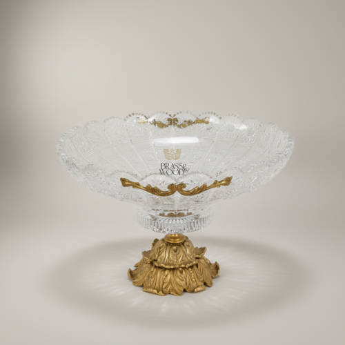 Classical Cut Crystal Footed Centerpiece Bowl with Ornate Brass Base and Scalloped Rim Antique Front | Brass & Wood