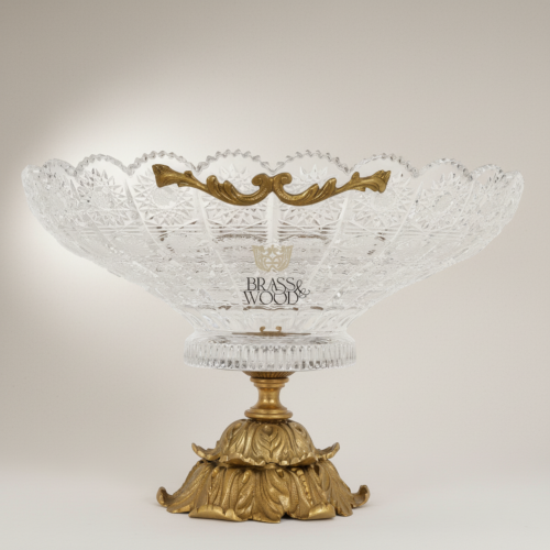 Classical Cut Crystal Footed Centerpiece Bowl with Ornate Brass Base and Scalloped Rim Antique Front | Brass & Wood