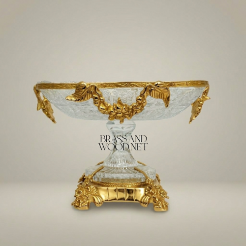 Classical Crystal and Brass Pedestal Candy Dish Floral Garland Square Bowl Ornate Luxury Gold Front | Brass & Wood