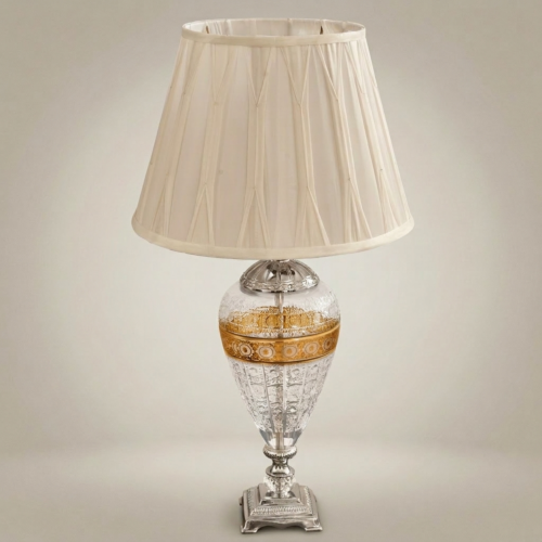 Classical Hand-Engraved Crystal Brass Table Lamp Urn Body Ivory Shade Brass and Wood Silver Front | Brass & Wood