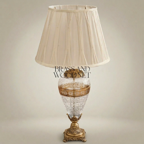 Classical Hand-Engraved Crystal Brass Table Lamp Urn Body Ivory Shade Brass and Wood Antique Gold Front | Brass & Wood