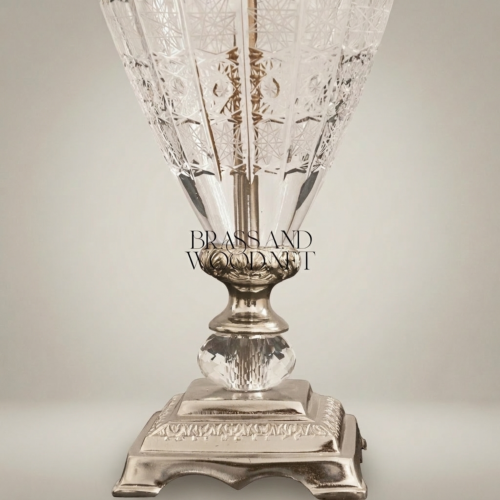 Classical Hand-Engraved Crystal Brass Table Lamp Urn Body Ivory Shade Brass and Wood Silver Front | Brass & Wood