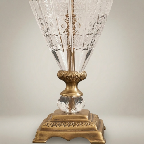 Classical Hand-Engraved Crystal Brass Table Lamp Urn Body Ivory Shade Brass and Wood Antique Gold Front | Brass & Wood