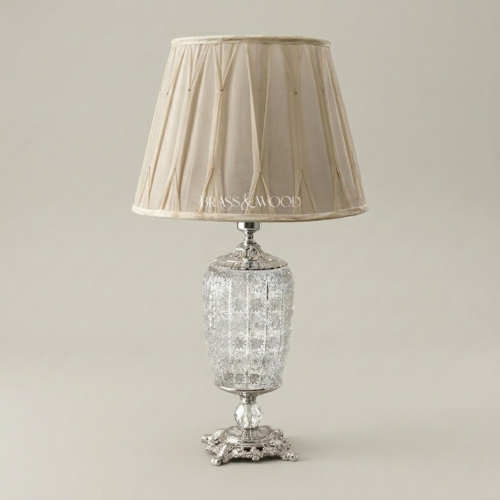 Classical Crystal Brass Table Lamp Star-Cut Body Ornate Foliage Base Ivory Fabric Shade Brass and Wood Silver Front | Brass & Wood