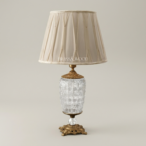 Classical Crystal Brass Table Lamp Star-Cut Body Ornate Foliage Base Ivory Fabric Shade Brass and Wood Antique Gold Front | Brass & Wood