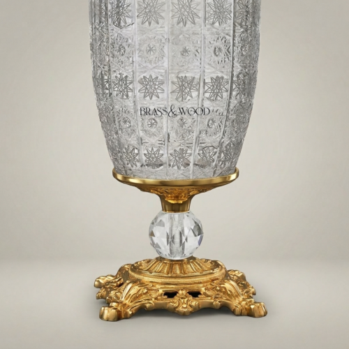 Classical Crystal Brass Table Lamp Star-Cut Body Ornate Foliage Base Ivory Fabric Shade Brass and Wood Gold Front | Brass & Wood