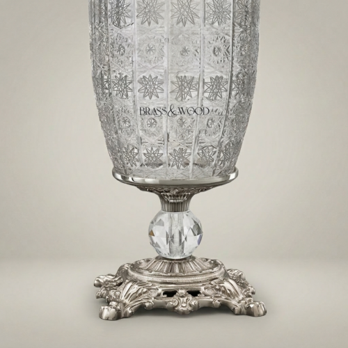 Classical Crystal Brass Table Lamp Star-Cut Body Ornate Foliage Base Ivory Fabric Shade Brass and Wood Silver Front | Brass & Wood