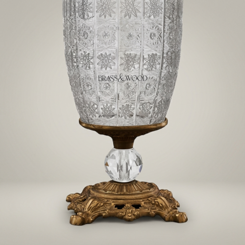 Classical Crystal Brass Table Lamp Star-Cut Body Ornate Foliage Base Ivory Fabric Shade Brass and Wood Antique Gold Front | Brass & Wood