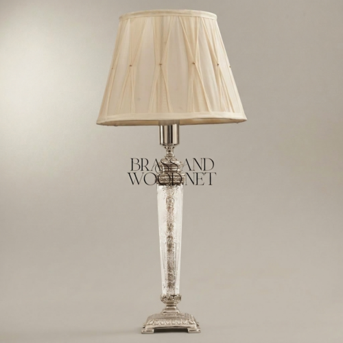 Classical Engraved Crystal Column Table Lamp with Brass Fittings and Ivory Pleated Fabric Shade Silver Front | Brass & Wood