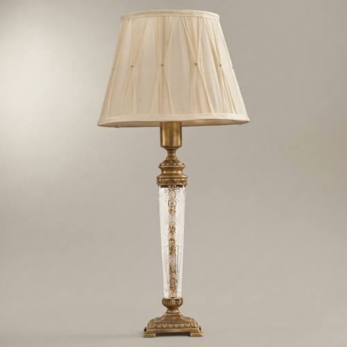 Classical Engraved Crystal Column Table Lamp with Brass Fittings and Ivory Pleated Fabric Shade Antique Gold Front | Brass & Wood