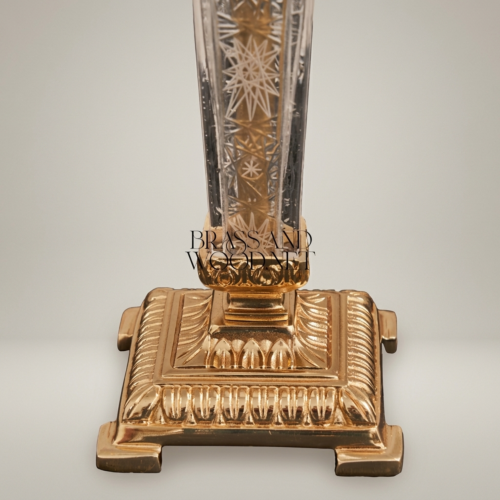 Classical Engraved Crystal Column Table Lamp with Brass Fittings and Ivory Pleated Fabric Shade Gold Front | Brass & Wood