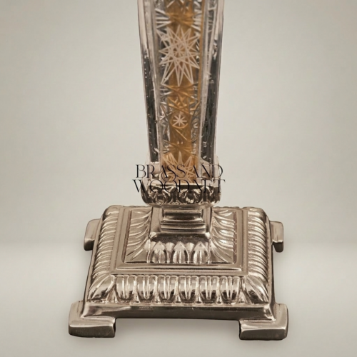Classical Engraved Crystal Column Table Lamp with Brass Fittings and Ivory Pleated Fabric Shade Silver Front | Brass & Wood