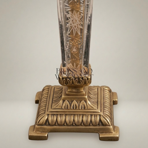 Classical Engraved Crystal Column Table Lamp with Brass Fittings and Ivory Pleated Fabric Shade Antique Gold Front | Brass & Wood