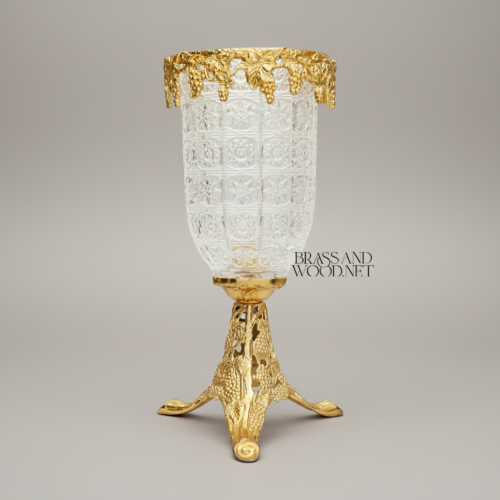 Classical Crystal Goblet Vase with Pierced Brass Grapevine Stand and Crown — Brass and Wood Gold Back | Brass & Wood
